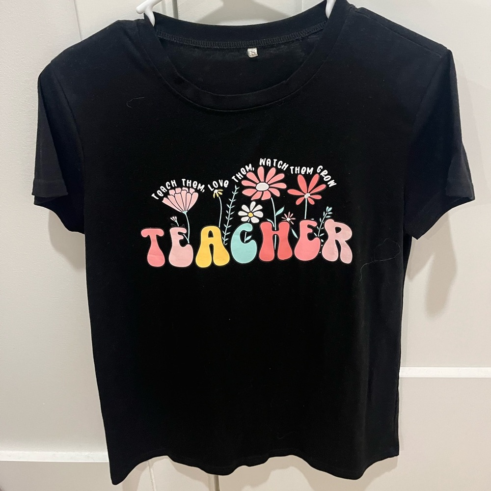 Black Graphic Tee with Colorful Teacher Design